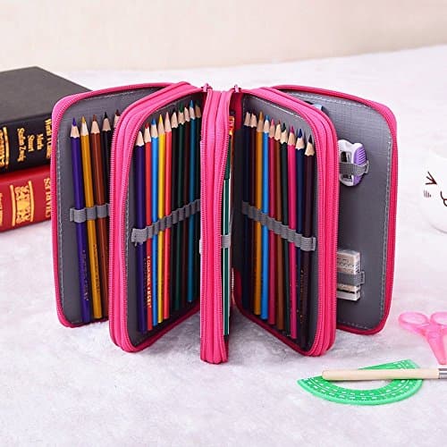 OGIMA Inserting Handy Wareable Oxford Pencil Bag 72 Slots Multi-layer Pencil Organizer Portable Watercolor Pencil Wrap Case for School Office Teenagers Girls (Pencils Not Included) (Rose Red)