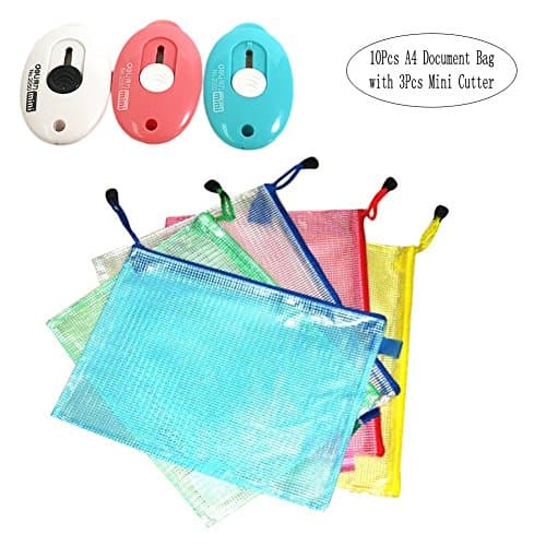 Aipark 10Pcs A4 Mesh Document Bag Transparent Plastic Portable Folders File Bags with 3Pcs Egg Shape Mini Cutter