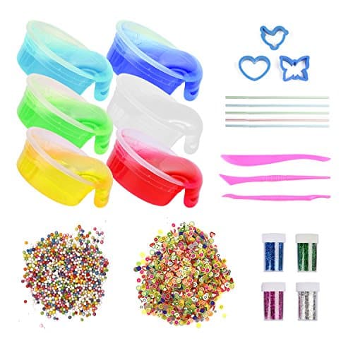 DIY Slime Kit - Include 6 Pack Non-toxic Crystal Clay Mud, 5000PCS Colorful Foam Balls, 2500PCS Fruit Face Decoration, 4 Bottles Glitter Shaker Jars - Magic Transparent Plasticine Toys for Children (Random Colours)