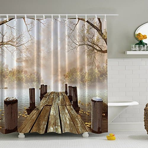 Shower Curtain Digital Print Polyester BEICHEN 100% Waterproof Mildew Resistant Quick-dry and Eco-friendly with 12pcs Curtain Hooks (Wooden bridge)