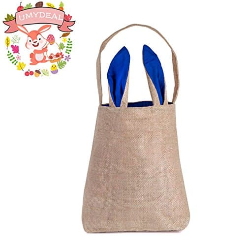Easter Bag Baskets, Umydeal Easter Basket Gift Bag Dual Layer Bunny Ears Design Jute Cloth Tote Bag Personalizable Easter Eggs Hunts Bag Size 12"X10"X3.9" (Navy Blue)