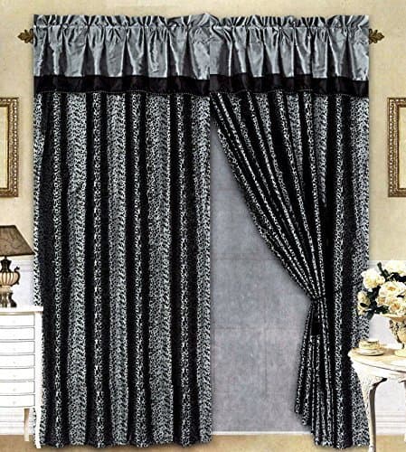 Black/Grey Flocking Leopard Satin Window Curtain Drape Set+Sheer Liner+Valance by AHF