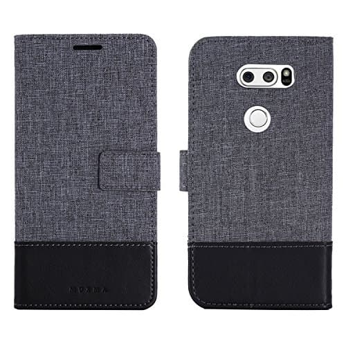 LG V30 WALLET CASE Textile fabric Artificial leather bag Protective cover Mobile phone case Business card compartment and stand function (BLACK)