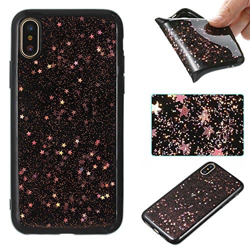CUSKING iPhone X Case iPhone 10 Case, Luxury Glitter Bling Sparkle Soft Silicone TPU Bumper Case Full Protective Shockproof Case with Stars Pattern Design for Apple iPhone X / 10 – Black + Pink