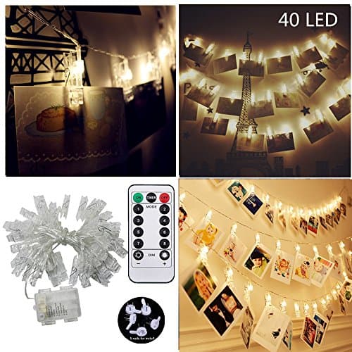 40 LED Photo Hanging Clips String Light, JulyFire 15 Ft Remote Control Battery Operated Dimmable Photo Display Starry Lamp with 8 Modes, for Hang Pictures Cards Notes, with 5 Wall Nails, Warm White