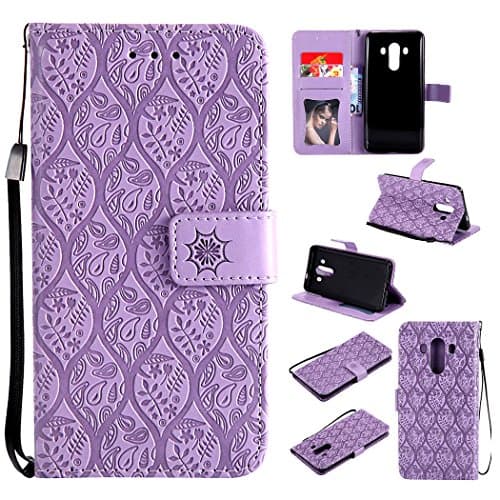 Case for Huawei Mate 10 Pro [Not for Mate 10] Leather Flip Case Cover, Premium Embossed Leaves Flower Pattern Wallet Design with Card Holder Folding Kickstand Magnetic Wrist Strap Slim Flip Book Style Shell Case for Huawei Mate 10 Pro, Hancda Wallet PU Leather Case with Silicone TPU Bumper Cover for Huawei Mate 10 Pro - Purple