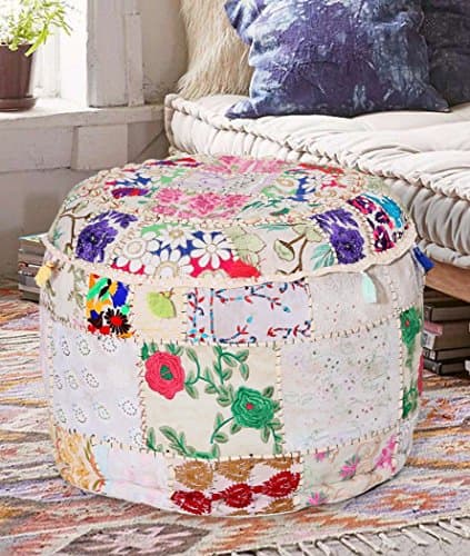 Filled White Bohemian Floor Ottoman - Hand-stitched Pouf - Patchwork Stool - Indian Handmade Embroidered Ottomans