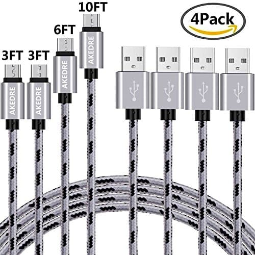 Micro USB Cable, AOLOK 4Pack [3FT 3FT 6FT 10FT] Premium Nylon Braided Micro USB Cable High Speed USB 2.0 A Male To Micro B Sync And Durable Charging Cable for Samsung, HTC, Motorola, Nokia, Android（Gray）