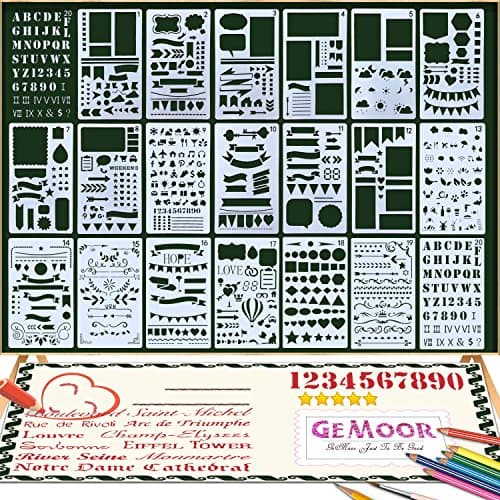 GeMoor 20 Pcs Bullet Journal Stencil Set Drawing Stencil Plastic Template for Notebook Journaling DIY Scrapbook Projects 4 x 7 Inch