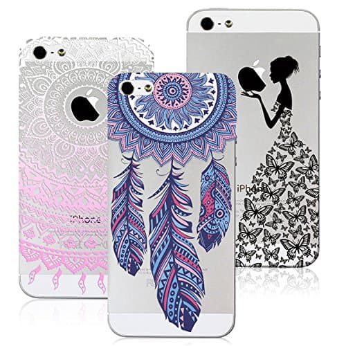 VertTek 3X Cases Apple iPhone SE, iPhone 5S Case, iPhone 5 Silicone Soft TPU Case Gel Rubber Back Cover Crystal Transparent Lightweight Clear Cover Ultra Thin Extra Grip Anti Scratch Protective Case Pink Mandalas + Blue Dreamcather + Butterfly Girls