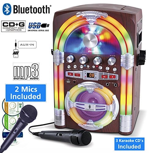 Mini Jukebox Bluetooth Karaoke Machine, Top Loading CD Player - Music CDs &amp; CDG+ (Songs with Lyrics on TV) LED Lights - 2 M1C Input - Recording USB Port - Link: iPhone, Samsung Galaxy, Sony Xperia (Party Pack 2)