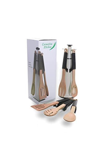 Carnation Kitchen 5 Piece, Utensil Set with Stand, Includes Weighted Silicone Grips, Integrated Spoon Rest and is Dishwasher Safe