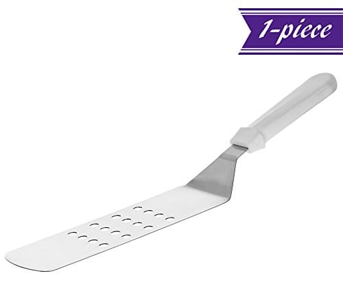 Perforated Turner Spatula with White Handle for Griddle Grill, 8 x 3-Inch Stainless Steel Flexible Blade Turner with Plastic Handle, Commercial Grade Spatula by Tezzorio