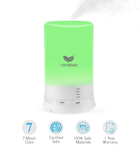 Vividay Cool Mist Humidifier Ultrasonic Essential Oil Diffuser Aromatherapy Diffuser for Essential Oils Yoga Office Bedroom Humidifier 7 Color Changing 100ml Bpa Free- 1 Year Warranty