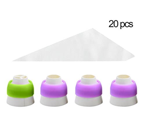 Russian Ball Piping Tips Coupler Set, 5-Pack Couplers for 2 Size Icing Nozzles+ 20 Disposable Pastry Bags, 1 Free Leaf Frosting Tips