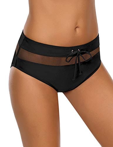 Utyful Women's Solid Mesh Insert Drawcord Bikini Bottom Full Coverage Swim Brief