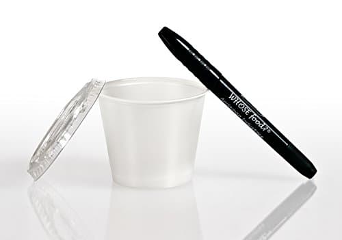 Solo 2.5 oz Portion Container &amp; Lid (250ct) – Restaurant / Take-out Style Clear Plastic Side Dish Cups - Bundled with WhoseFood? Pen – For Ketchup, Sauces, Samples, Portion Control, Jello Shots