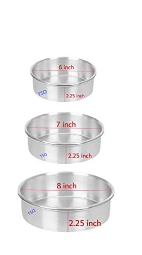 TSQ kitchenware:- 6.7 and 8 inch Daimeter and 2.25 inch Height. Aluminium Round Cake Mould Pan.You can Easy Make Diffrent Cake.Aluminium Cake Mould Set of 3 Tins.