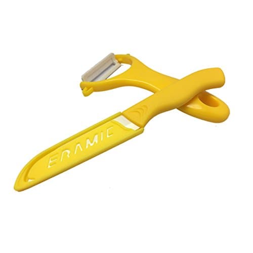 Ceramic Veggie and Fruit Knife with Protective Sheath &amp; Peeler Set Ultra Sharp lightweight never rust and metal taste free by LAR (Yellow)