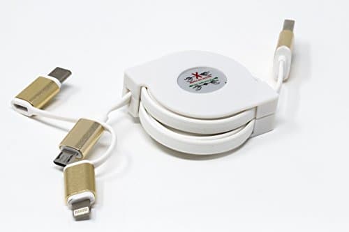 Juoos Retractable USB Cable 3in1 Lightning+MicroUSB+USB-C Sync &amp; Charge Cord 3ft White