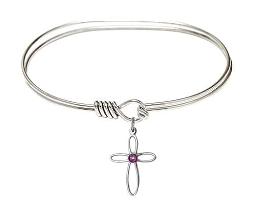 Loop Cross-7 inch Oval Eye Hook Bangle Bracelet with a Loop Cross charm.-The charm features a Imitation Amethyst stone.-