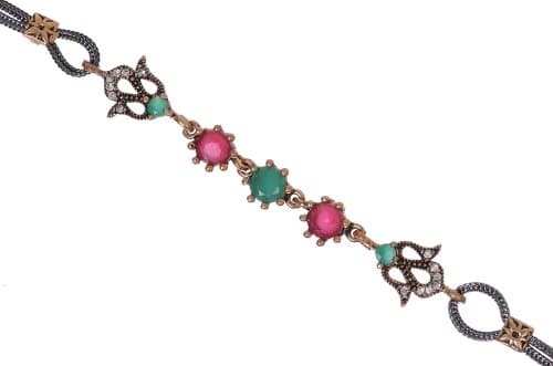 Antique Round Shape Ruby Emerald Gemstone Tulip Filigree Diamond Accent Hurrem Sultan Style Vintage Bracelet