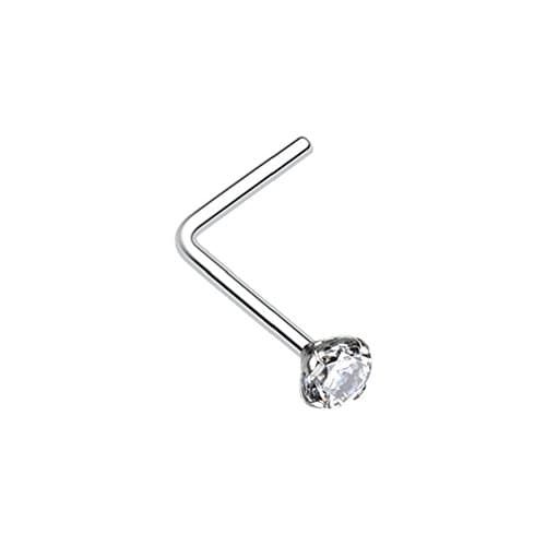 (2 pieces) 22g (0.65mm) "L" bend Nose Stud Ring CLEAR PRONG Set CZ Gem (316L) Surgical Steel, Nickle Free