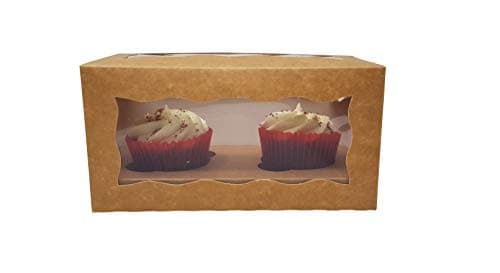 Windowed Cupcake Boxes with 2 Cavity Insert Holds 2 White Pink Black Kraft (Pack of 5) (Kraft)