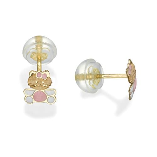 Solid Yellow Gold 14K Hello Kitty Baby Stud Earrings Pink Enamel Screw-back