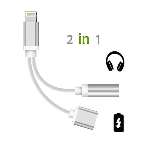 1Pack 2 in 1 iPhone 7/7plus Adapter(Compatible with iOS 10.3+),wangwow Lightning to Charger and Lightning to 3.5mm Aux Earphones Jack Cable for iPhone 7/7 Plus [No Calling Function]- (Silver)