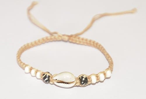 Surfers Path Cowrie shell and seed bead tie cord adjustable tribal bracelet (handmade in bali).Creamy Brown