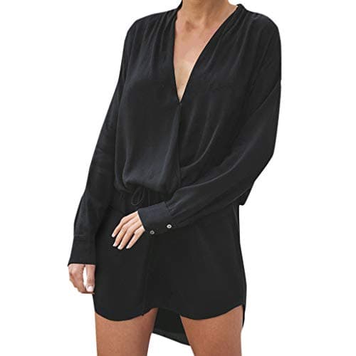 PASATO Women Solid V Neck Drawstring Long Sleeve Evening Party Lace Up Short Mini Dress Sundress