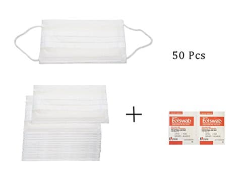 50 Pcs Disposable 3-Ply Earloop Face Mask Dust Filter Mouth Cover , 10 Pieces Alcohol Pads Included (White)