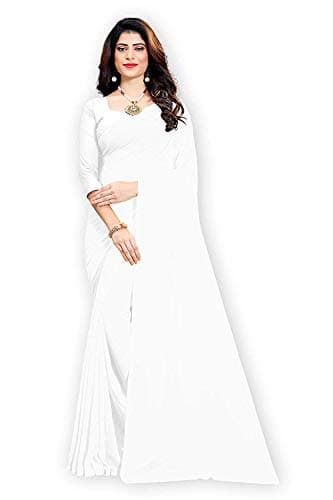 Indian Women's Ethnic Saree Solid Pattern Georgette Wrap Casual Wear Sari 5 Yard (White)