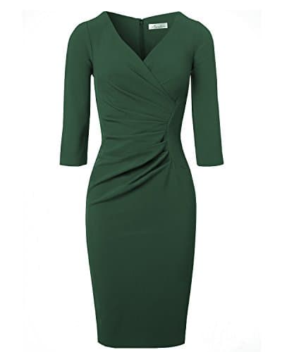 Newdow Lady's V Neck 3/4 Sleeve Solid Semi Formal Brief Dress (Large, Green)