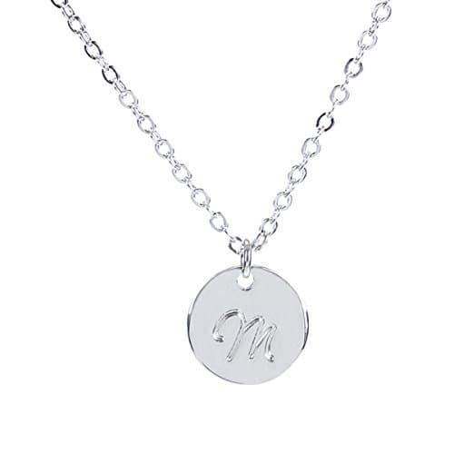 BR Small Script Initial Necklace Silver Initial Disc Necklaces Alphabet Jewelry (Silver M)