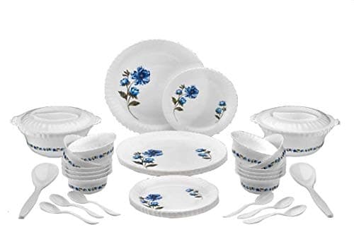 Qromos Microwave Safe, Unbreakable 36 Pieces Printed Round Dinner Set (Blue & White Color)