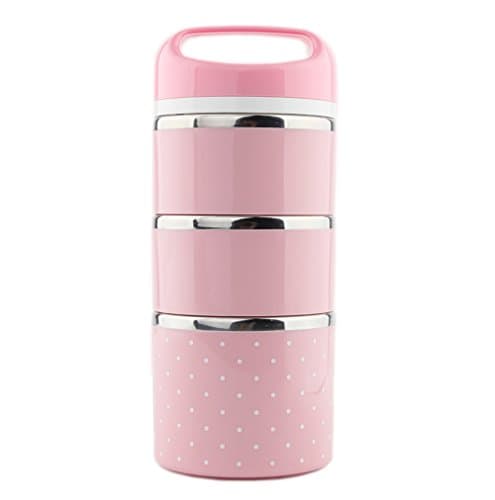 OSPARD Stackable Bento Box Leakproof Lunch Box for Kids School and Adult 43 Ounces (Pink, 3 layer)