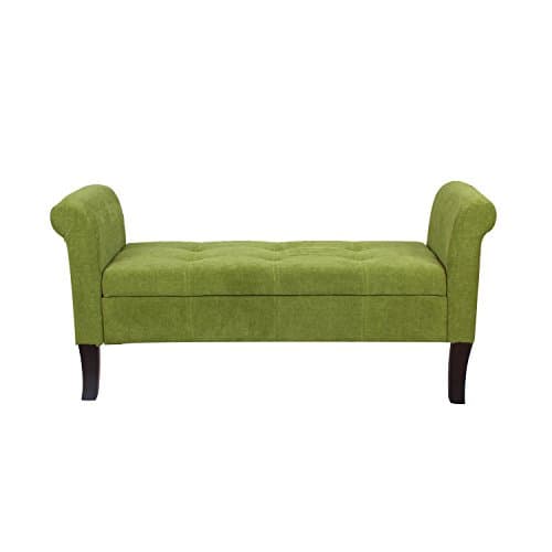 Asense Eruo Style Arm Rectangular Green Fabric Bench with Storage Footstool Ottoman Chair , Wood Legs