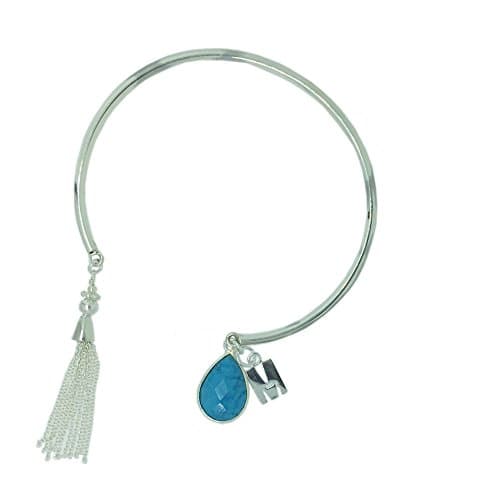 Personalized Sterling Silver Bangle-Tassel Bangle-Initial Letter Bangle (December-Turquoise, Letter H)