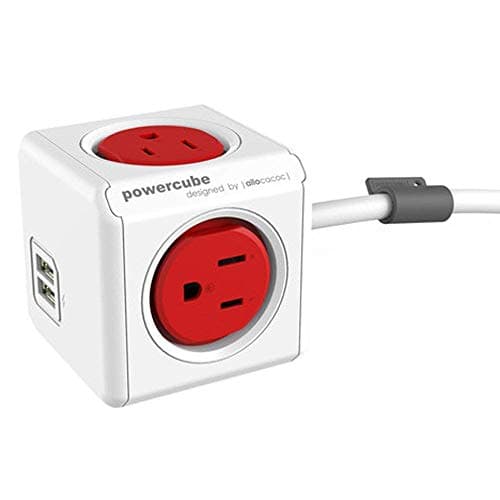 Allocacoc PowerCube Extended USB, Surge Protector, Electric Outlet Adapter 5ft Extension Cord Power Strip with 4 outlets and Dual USB Ports PC-4420GY/USEUPC (Red)