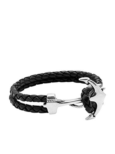 Men's Black Leather Bracelet with 925 Solid Silver Anchor, Size M