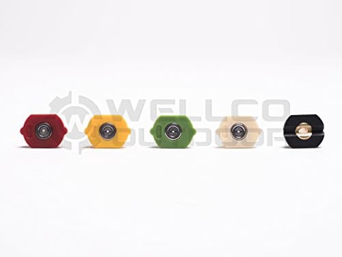 Wellco Pressure Washer Spray Nozzle Tips SET Multiple Degrees, 1/4 inch, 5 pack, Quick-Connect Compatible, 4 Stainless STEEL, 1 BRASS for 1500 Psi, 2000 Psi, 2500 Psi &amp; 3000 Psi