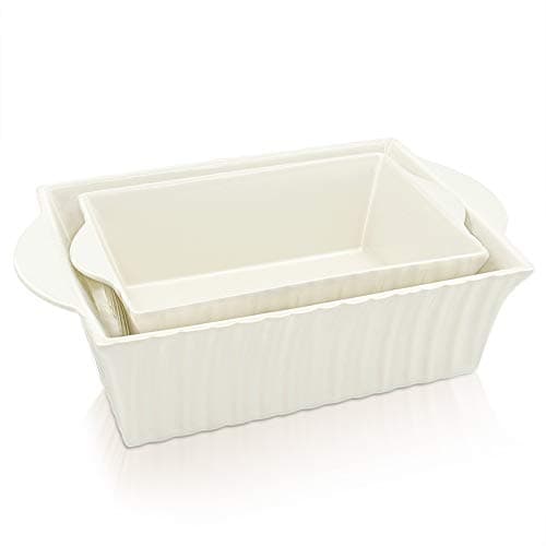 Bakeware Set, Krokori Rectangular Baking Pan Ceramic Glaze Baking Dish for Cooking, Kitchen, Cake Dinner, Banquet and Daily Use - (2PCS of Rectangular-Beige White)
