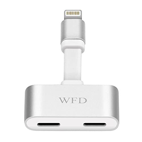 WFD Dual Lightning Adapter Splitter For iPhone 7/8/Plus, 2in1 Lightning Earphone Audio Jack and Charger, Support Phone Call and Music Control, Support iOS10.3 &amp; iOS11(Silver)