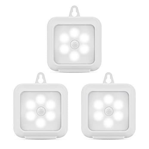 Motion Sensor Light,6 LED Bulbs Cordless Battery-Powered Stick-anywhere Magnetic LED Night Lights, Step Safe Lights for Hallway, Bathroom, Bedroom, Kitchen, etc. (White - Pack of 3)