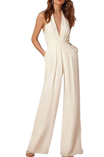 Women's Elegant V Neck Halter Backless Full lined Jumpsuits White S