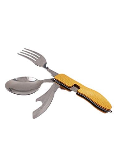 ASDEER 4-In-1 Multi- Fork Spoon Knife Bottle Opener Set, Durable Stainless Steel, Lightweight Traveling Camping Outdoor Creative Cutlery Set with Carry Pouch Orange(grain surface)