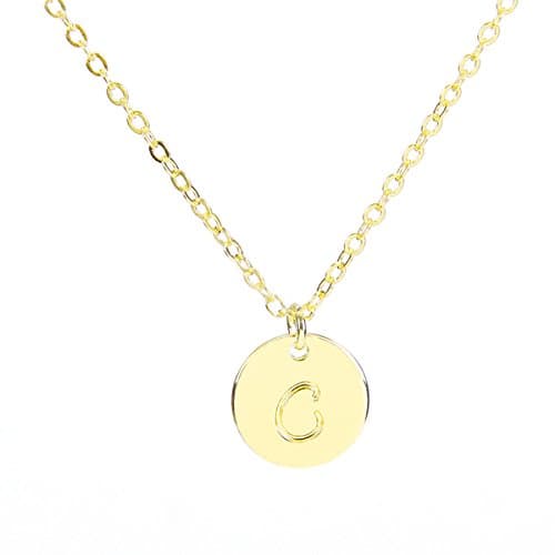 BR Small Script Initial Necklace Silver Initial Disc Necklaces Alphabet Jewelry (Gold C)