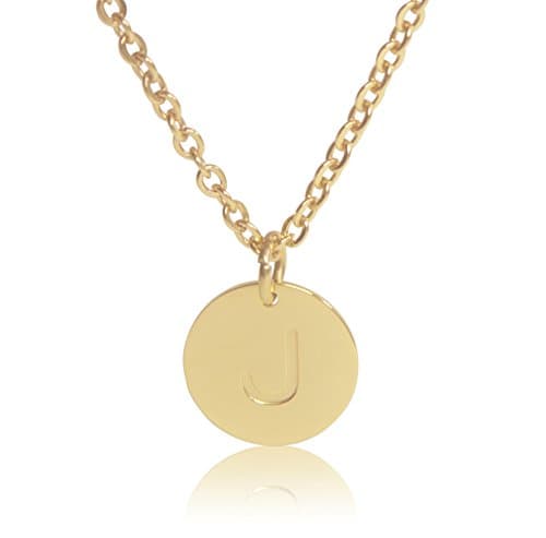 18K Gold-Plated Round Disc Engraved Initial Pendant 18” Adjustable Necklace with Personalized Alphabet Letter (J)